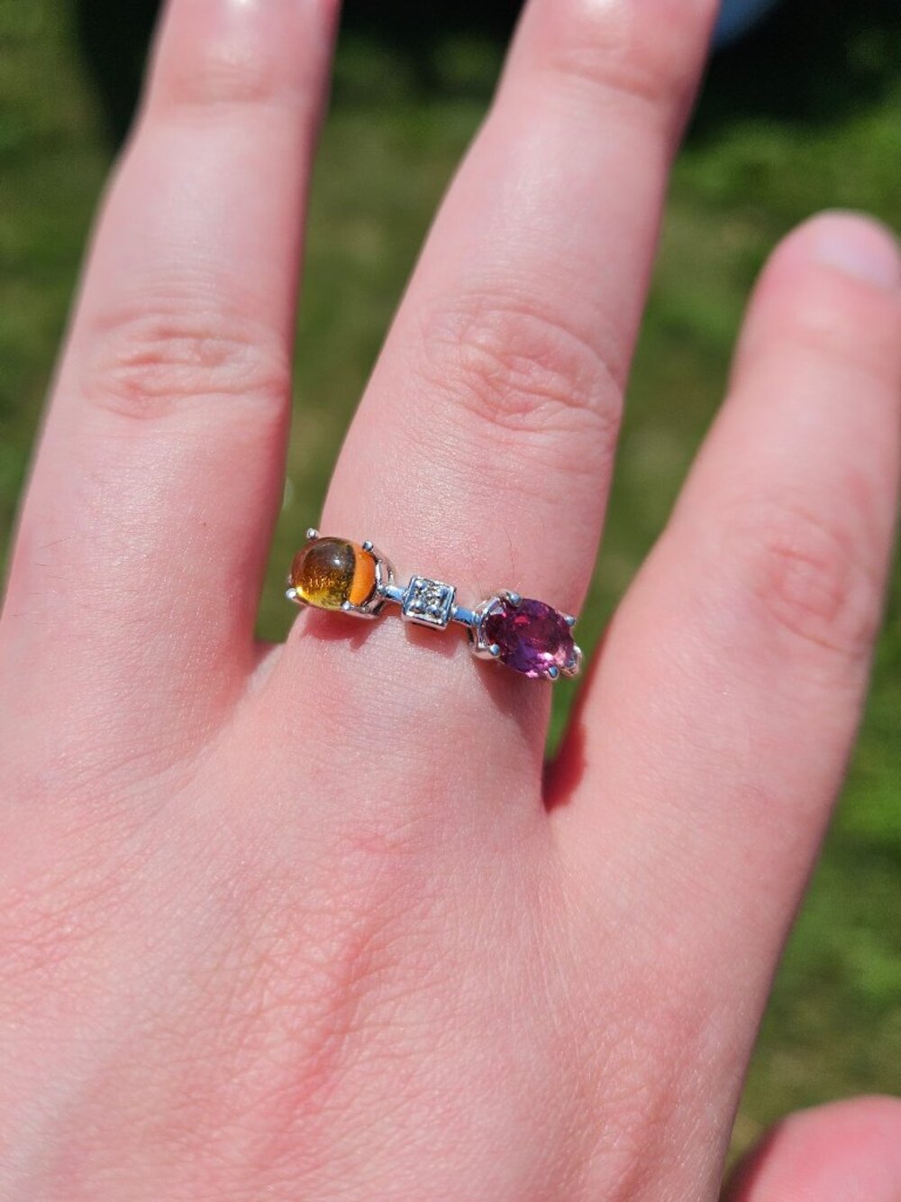 Sonia B 14K White Gold Cabochon Citrine & Pink Tourmaline Diamond Ring Size 9